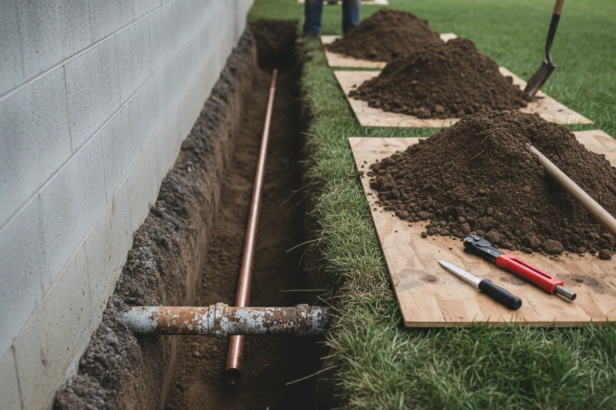 Excavated water line trench during Sewer Line Repair in Phelps